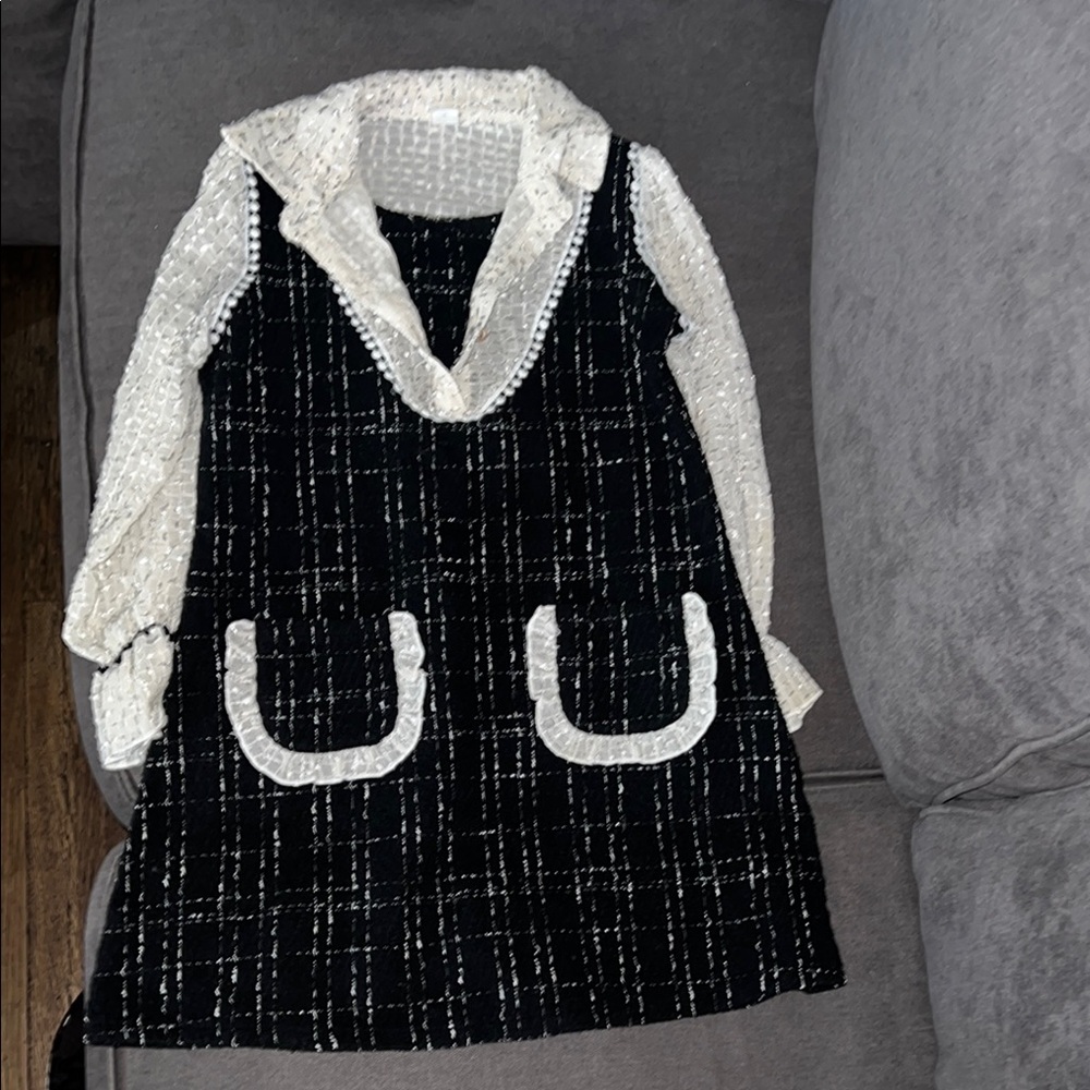 Black and White Tweed Dress with Lace Details